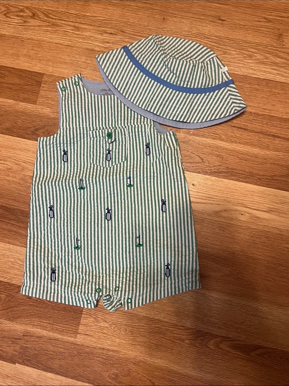 Little Me Green & White Striped Baby Romper with Matching Hat